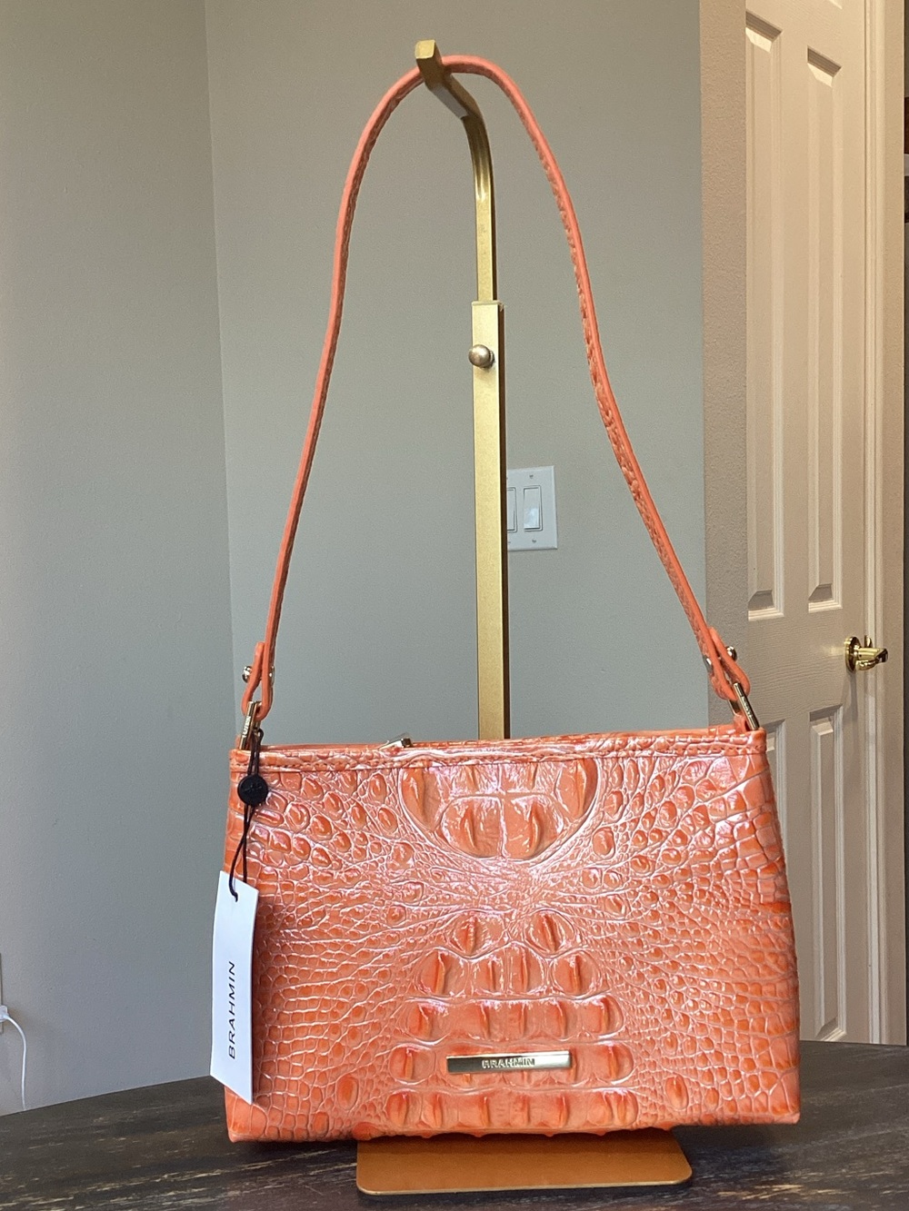 Brahmin Lorelei Solar Orange Melbourne Croc-Embossed Leather Shoulder Bag
